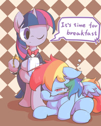 Size: 750x937 | Tagged: safe, artist:nyankamedon, rainbow dash, twilight sparkle, pegasus, pony, bipedal, bowtie, butler, clothes, pixiv, pocket watch, sleepy, suit, waking up