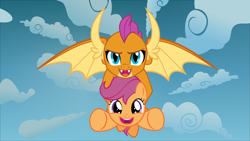 Size: 1920x1080 | Tagged: safe, artist:phucknuckl, scootaloo, smolder, dragon, pegasus, pony, carrying, cute, cutealoo, dragoness, duo, female, filly, flying, friendship, holding a pony, scootaloo can fly, scootalove, sky, uplifting, wholesome