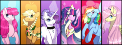 Size: 4136x1522 | Tagged: safe, artist:gurepinku, derpibooru import, applejack, fluttershy, pinkie pie, princess twilight 2.0, rainbow dash, rarity, twilight sparkle, twilight sparkle (alicorn), alicorn, earth pony, pegasus, pony, unicorn, the last problem, alternate hairstyle, choker, female, high res, mane six, mare, older, older applejack, older fluttershy, older mane six, older pinkie pie, older rainbow dash, older rarity, older twilight