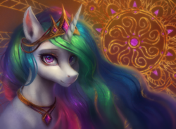 Size: 1232x902 | Tagged: safe, artist:orchidpony, princess celestia, alicorn, pony, beautiful, bust, crown, female, horn, jewelry, looking at you, mare, necklace, praise the sun, purple eyes, regalia, royalty, solo, tiara, white fur