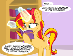 Size: 800x612 | Tagged: safe, artist:sunsetshimmerreallyhatesyou, sunset shimmer, pony, book, bookshelf, glasses, solo, tumblr