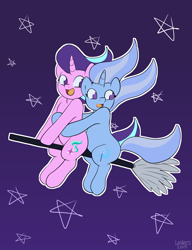 Size: 2000x2600 | Tagged: safe, artist:leslers, derpibooru import, starlight glimmer, trixie, pony, unicorn, broom, female, flying, flying broomstick, lesbian, shipping, stars, startrix