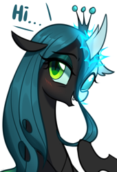 Size: 2306x3400 | Tagged: safe, artist:maren, ocellus, queen chrysalis, changedling, changeling, changeling queen, what lies beneath, blushing, bust, cute, cutealis, diaocelles, disguise, disguised changeling, female, hi, open mouth, portrait, simple background, solo, white background