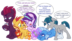 Size: 3526x2009 | Tagged: safe, artist:chub-wub, starlight glimmer, stygian, sunset shimmer, tempest shadow, trixie, pony, unicorn, counterparts, dialogue, drink, eye scar, female, floppy ears, food, male, mare, scar, simple background, soda, speech bubble, stallion, that pony sure does love peanut butter crackers, transparent background, twilight's counterparts