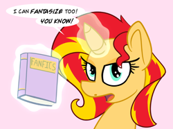 Size: 800x595 | Tagged: safe, artist:sunsetshimmerreallyhatesyou, sunset shimmer, pony, unicorn, book, female, levitation, looking at you, magic, mare, open mouth, pink background, simple background, solo, speech bubble, telekinesis, tumblr