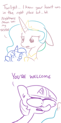 Size: 792x1584 | Tagged: safe, artist:tjpones, princess celestia, princess luna, twilight sparkle, alicorn, pony, friendship is magic, apathy, bad end, comic, corpse, dead, meme, rude, s1 luna, simple background, sketch, special eyes, this ended in death, twibitch sparkle, white background, x eyes