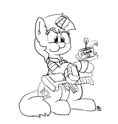 Size: 1280x1344 | Tagged: safe, artist:pabbley, oc, oc only, oc:littlepip, pony, unicorn, fallout equestria, 30 minute art challenge, belly button, black and white, clothes, eating, fanfic, fanfic art, female, glowing horn, grayscale, gun, horn, magic, mare, monochrome, pipbuck, puffy cheeks, simple background, sketch, solo, telekinesis, vault suit, weapon, white background