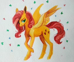 Size: 1200x1014 | Tagged: safe, artist:weird--fish, derpibooru import, fluttershy, pegasus, pony, crossed hooves, female, mare, simple background, solo, spread wings, standing, three quarter view, traditional art, watercolor painting, white background, wings