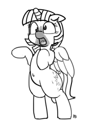 Size: 1280x1699 | Tagged: safe, artist:pabbley, twilight sparkle, twilight sparkle (alicorn), alicorn, pony, 28 pranks later, bipedal, chest fluff, cookie zombie, derp, female, floppy ears, grayscale, mare, monochrome, open mouth, simple background, solo, white background