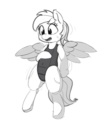 Size: 1280x1560 | Tagged: safe, artist:pabbley, rainbow dash, pegasus, pony, bipedal, clothes, cute, dashabetes, monochrome, one-piece swimsuit, solo, swimsuit