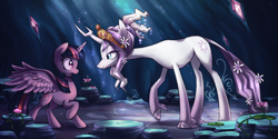 Size: 1600x800 | Tagged: safe, artist:heilos, twilight sparkle, twilight sparkle (alicorn), oc, oc:harmony (heilos), alicorn, classical unicorn, pony, princess twilight sparkle (episode), big crown thingy, cloven hooves, crepuscular rays, elements of harmony, eye contact, female, flower, flower in hair, leonine tail, lidded eyes, mare, open mouth, ponified, raised hoof, scene parody, smiling, spread wings, story included, surprised, tree of harmony, unshorn fetlocks, wide eyes