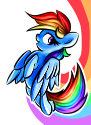 Size: 1900x2592 | Tagged: safe, artist:shovrike, rainbow dash, pegasus, pony, blue coat, blue wings, female, flying, looking back, magenta eyes, mare, multicolored mane, multicolored tail, open mouth, rainbow, simple background, smiling, solo, white background, wings