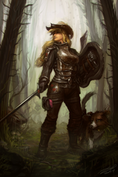 Size: 800x1200 | Tagged: safe, artist:assasinmonkey, applejack, winona, dog, human, armor, badass, cowboy hat, dark, female, forest, hat, humanized, shield, solo, stetson, sword, tree