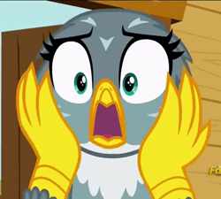 Size: 533x480 | Tagged: safe, screencap, gabby, the fault in our cutie marks, shocked, the scream