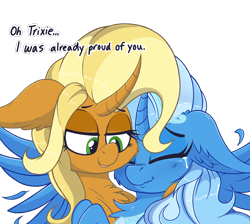 Size: 1298x1165 | Tagged: safe, artist:dragonpone, derpibooru exclusive, derpibooru import, sunflower spectacle, trixie, alicorn, pony, unicorn, alicornified, cheek fluff, chest fluff, crying, curved horn, dialogue, duo, ear fluff, end of ponies, eyes closed, feather, female, horn, hug, jewelry, lidded eyes, mare, mlp fim's ninth anniversary, mother and child, mother and daughter, nose wrinkle, parent and child, princess of humility, race swap, regalia, simple background, smiling, spread wings, tears of joy, transparent background, trixiecorn, wavy mouth, wings