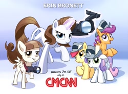 Size: 1045x764 | Tagged: safe, artist:gsphere, derpibooru import, apple bloom, featherweight, scootaloo, sweetie belle, earth pony, pegasus, pony, unicorn, camera, cutie mark crusaders, erin burnett, hat, journalist, magic, ponified, press card, telekinesis, video camera