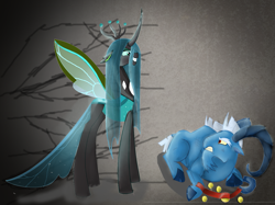 Size: 1341x1001 | Tagged: safe, artist:mr100dragon100, grogar, queen chrysalis, changedling, changeling, changeling queen, cloven hooves, dark changedling, duo, female, gray background, male, purified chrysalis, reformed, simple background, transparent mane