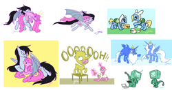 Size: 2512x1323 | Tagged: safe, artist:yamino, derpibooru import, bat pony, pony, adventure time, bmo, finn the human, fionna the human, ice king, ice queen, lemongrab, marceline, mouth hold, ponified, princess bubblegum