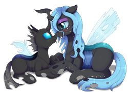 Size: 3000x2150 | Tagged: safe, artist:evomanaphy, oc, oc only, oc:stardust, changeling, changeling queen, blue changeling, blushing, boop, changeling queen oc, cute, fangs, female, freckles, nuzzling, prone, simple background, sitting, transparent background