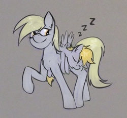 Size: 1280x1191 | Tagged: safe, artist:marsminer, crackle pop, derpy hooves, pegasus, pony, carrying, colt, eyes closed, female, foal, gray background, mare, raised hoof, simple background, sleeping, zzz