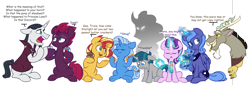 Size: 6808x2324 | Tagged: safe, artist:chub-wub, chancellor neighsay, discord, fizzlepop berrytwist, pony of shadows, princess luna, starlight glimmer, stygian, sunset shimmer, tempest shadow, trixie, alicorn, pony, unicorn, broken horn, crackers, dialogue, eye scar, eyes closed, food, gee bill, horn, levitation, magic, peanut butter, peanut butter crackers, reformed villain, s1 luna, scar, simple background, snacks, telekinesis, vein bulge, white background