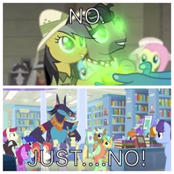 Size: 1936x1936 | Tagged: safe, edit, edited screencap, screencap, ahuizotl, berry punch, berry sweet, berryshine, biff, citrine spark, clever musings, cloudburst, daring do, doctor caballeron, fire quacker, fluttershy, goldengrape, neigh sayer, november rain, peppermint goldylinks, rainbow dash, rainbow stars, sir colton vines iii, sprout greenhoof, star bright, sugar maple, withers, earth pony, pegasus, pony, unicorn, daring doubt, background pony, background pony audience, book, bookshelf, bookstore, drama, female, friendship student, glasses, glowing eyes, henchmen, las pegasus resident, library, male, mare, meme, no just no, op is a cuck, op is trying to start shit, opinion, reformed, reformed villain, stallion, truth talisman, unnamed pony