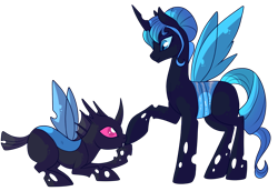 Size: 1000x686 | Tagged: safe, artist:lulubell, oc, oc only, oc:nurex, oc:queen polistae, changeling, changeling queen, blue changeling, bowing, changeling oc, changeling queen oc, drone, duo, female, hoof kissing, male, simple background, transparent background