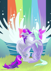 Size: 1541x2151 | Tagged: safe, artist:varaann, flitter, oc, oc:gale force, pegasus, pony, bow, canon x oc, duo, eyes closed, female, grass, hair bow, kissing, lesbian, mare, pond, rock, shipping, spread wings, wings