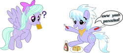 Size: 6851x3000 | Tagged: safe, artist:umbravivens, cloudchaser, flitter, absurd resolution, bow, breakfast, butter, butter knife, floating, food, fork, handkerchief, maple syrup, mouth hold, nom, pancakes, plate, question mark, simple background, sitting, smiling, speech bubble, transparent background, vector, waffle