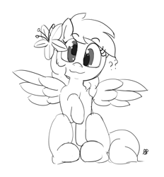 Size: 1280x1382 | Tagged: safe, artist:pabbley, derpy hooves, pegasus, pony, cute, female, flower, flower in hair, mare, monochrome, poison joke, question mark, sitting, sketch, solo