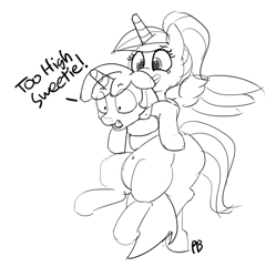 Size: 1280x1284 | Tagged: safe, artist:pabbley, princess cadance, shining armor, alicorn, pony, unicorn, belly button, carrying, flying, grin, holding a pony, monochrome, scared, sketch, smiling, younger