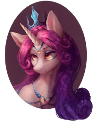 Size: 1300x1604 | Tagged: safe, artist:orchidpony, princess amore, pony, unicorn, beautiful, bust, female, jewelry, mare, portrait, regalia, simple background, smiling, solo, transparent background