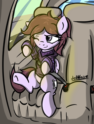 Size: 913x1203 | Tagged: safe, artist:jetwave, oc, oc only, oc:pillow case, pony, car, clothes, hoodie, ponies in earth, seatbelt, solo