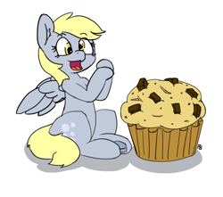 Size: 1280x1133 | Tagged: safe, artist:pabbley, derpy hooves, pegasus, pony, cute, derpabetes, female, food, giant muffin, mare, muffin, open mouth, simple background, solo, that pony sure does love muffins, this will end in weight gain, underhoof, white background