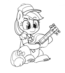 Size: 1280x1438 | Tagged: safe, artist:pabbley, applejack, earth pony, pony, 30 minute art challenge, cap, cute, filly, filly applejack, hat, jackabetes, monochrome, solo, underhoof