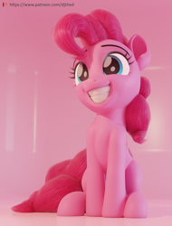 Size: 3289x4320 | Tagged: safe, artist:therealdjthed, pinkie pie, earth pony, pony, 3d, 3d model, absurd resolution, blender, cute, cycles, cycles render, diapinkes, female, grin, happy, mare, model:djthed, patreon, patreon logo, simple background, sitting, smiling, solo, squee