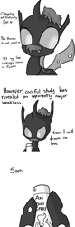 Size: 1089x3267 | Tagged: safe, artist:tjpones, oc, oc only, changeling, horse wife, axe body spray, changeling oc, comic, dialogue, disguise, disguised changeling, grayscale, hoof hold, male, monochrome, simple background, solo, soon, this will end in tears and/or axe body spray, white background