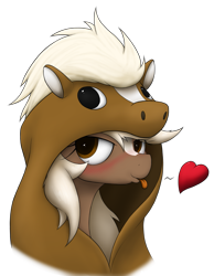 Size: 1423x1836 | Tagged: safe, artist:anearbyanimal, earth pony, pony, blushing, clothes, epona, eponaception, female, googly eyes, heart, kigurumi, mare, meta, ponified, simple background, solo, the legend of zelda, tongue out, transparent background