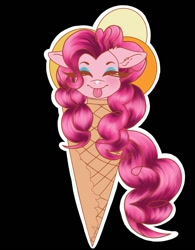 Size: 790x1011 | Tagged: safe, alternate version, artist:sweetpea-and-friends, derpibooru import, pinkie pie, earth pony, pony, blushing, cute, diapinkes, ear fluff, eyes closed, female, floppy ears, food, ice cream, mare, solo, sticker, tongue out