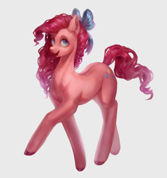 Size: 1300x1386 | Tagged: safe, artist:orchidpony, pinkie pie, earth pony, pony, bow, colored hooves, cute, diapinkes, female, hair bow, looking at you, mare, open mouth, pretty, raised hoof, simple background, smiling, solo, three quarter view