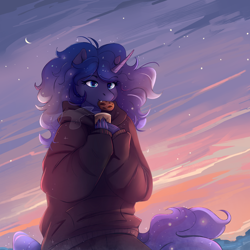 Size: 2364x2366 | Tagged: safe, artist:1an1, derpibooru import, princess luna, alicorn, anthro, chocolate, clothes, cookie, cup, cute, fangs, female, food, high res, hoodie, hot chocolate, lunabetes, mare, mouth hold, pants, snow, solo