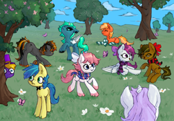 Size: 2400x1684 | Tagged: safe, artist:orchidpony, oc, alicorn, earth pony, pegasus, pony, unicorn, group, tree