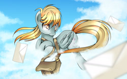 Size: 1920x1200 | Tagged: safe, artist:the0ne-u-lost, derpy hooves, pegasus, pony, bag, cloud, cloudy, female, letter, mailbag, mailmare, mare, messy mane, prone, solo