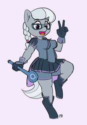 Size: 1280x1826 | Tagged: safe, artist:pabbley, silver spoon, anthro, unguligrade anthro, 30 minute art challenge, boots, braid, braided ponytail, clothes, compression shorts, glasses, open mouth, peace sign, pleated skirt, ponytail, shorts, simple background, skirt, solo