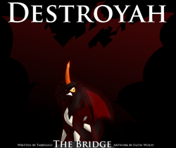 Size: 1452x1220 | Tagged: safe, artist:faith-wolff, alicorn, kaiju, kaiju pony, pony, fanfic:the bridge, black background, colored horn, cover, curved horn, destoroyah, destoroyah (female), fanfic art, female, godzilla (series), golden eyes, growling, mare, ponified, simple background, slit eyes, solo, thestracorn