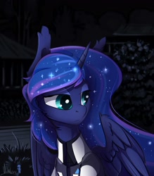 Size: 3500x4000 | Tagged: safe, artist:mithriss, derpibooru import, princess luna, alicorn, pony, bust, cheek fluff, clothes, commission, cosplay, costume, crossover, detroit: become human, female, folded wings, high res, jacket, mare, night, rk900, solo, wings