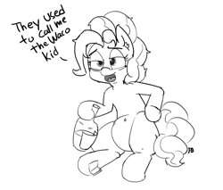 Size: 1280x1091 | Tagged: safe, artist:pabbley, pinkie pie, earth pony, pony, 30 minute art challenge, alcohol, belly button, blazing saddles, dialogue, ear fluff, gene wilder, monochrome, open mouth, solo, underhoof