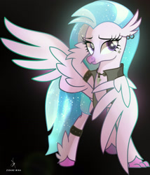 Size: 2630x3069 | Tagged: safe, artist:zidanemina, silverstream, classical hippogriff, hippogriff, alternate costumes, armlet, black background, clothes, ear piercing, earring, female, gradient background, jacket, jewelry, metal, piercing, solo