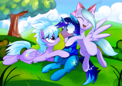 Size: 1535x1085 | Tagged: safe, artist:si1vr, cloudchaser, flitter, oc, oc:light shine, pony, unicorn, bedroom eyes, blushing, canon x oc, eyes closed, female, field, flirting, grabbing, grin, group, hug, male, open mouth, prone, scrunchy face, sitting, smiling, spread wings, straight