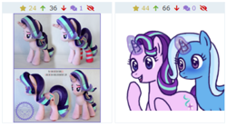 Size: 360x201 | Tagged: safe, derpibooru import, starlight glimmer, trixie, pony, unicorn, blushing, derpibooru, juxtaposition, meme, meta, plushie